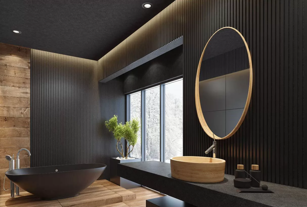 חדר אמבטיה עם מראה עגולה